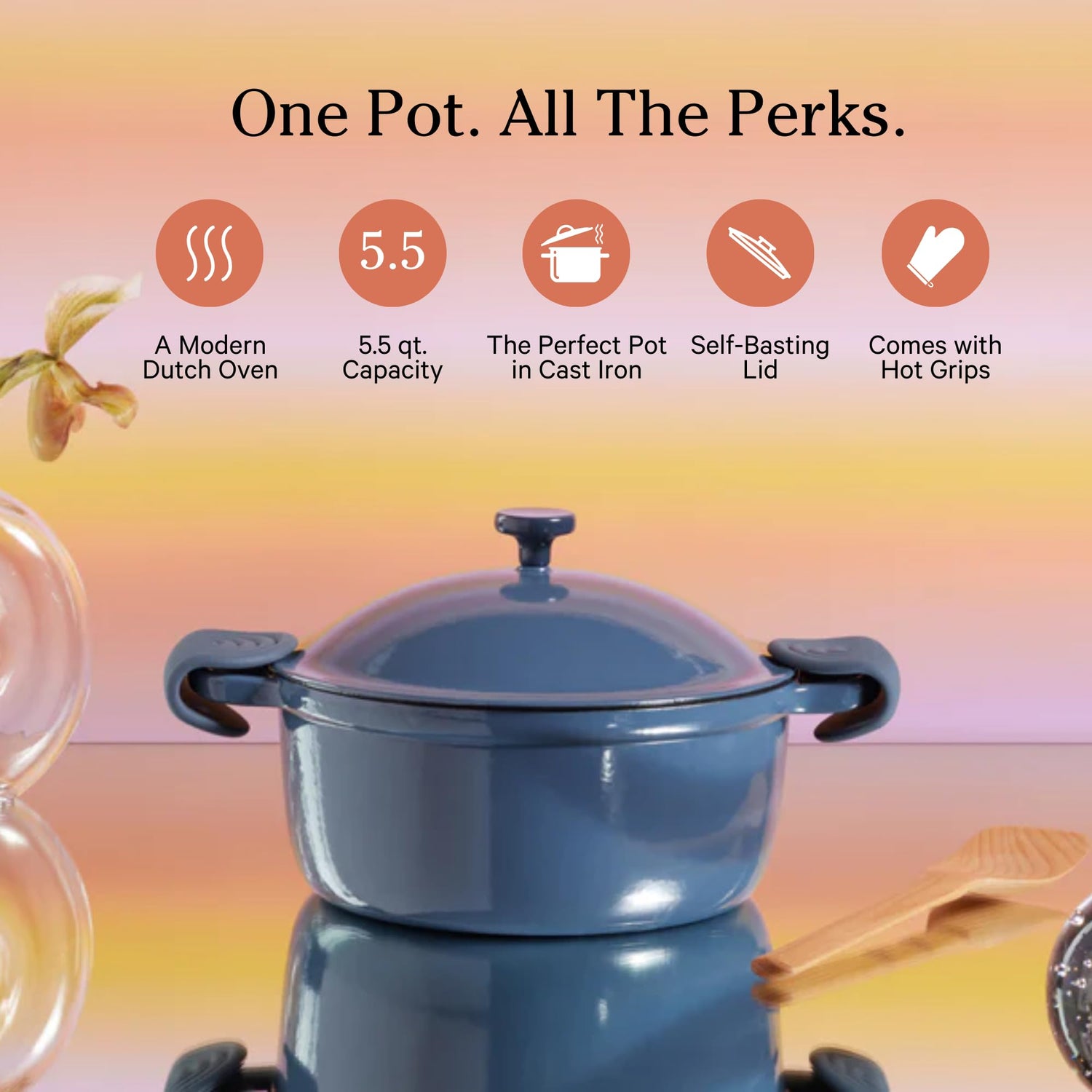 Our Place Cast Iron Perfect Pot | 6-in-1 Multifunctional 5.5 Qt. Toxin-Free Enameled Dutch Oven with Self-Basting Lid | Hot Grips &amp; Beechwood Scraper | Induction Cooktop and Oven Safe | Spice