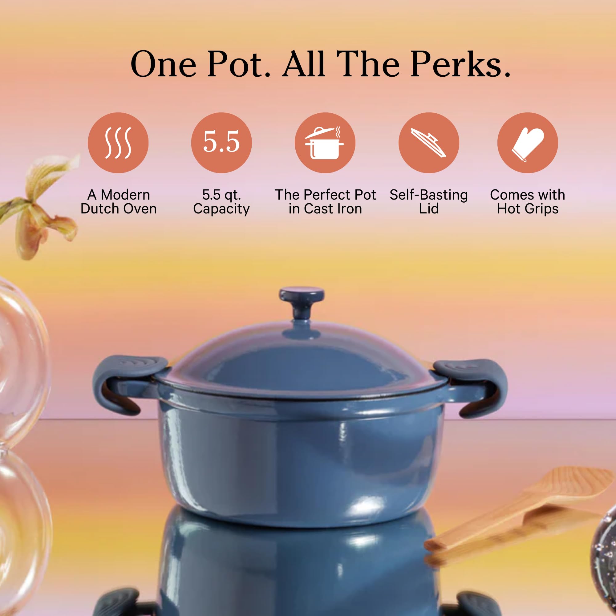 Our Place Cast Iron Perfect Pot | 6-in-1 Multifunctional 5.5 Qt. Toxin-Free Enameled Dutch Oven with Self-Basting Lid | Hot Grips &amp; Beechwood Scraper | Induction Cooktop and Oven Safe | Spice