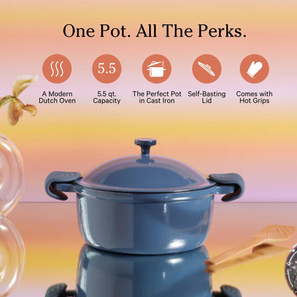 Our Place Cast Iron Perfect Pot | 6-in-1 Multifunctional 5.5 Qt. Toxin-Free Enameled Dutch Oven with Self-Basting Lid | Hot Grips &amp; Beechwood Scraper | Induction Cooktop and Oven Safe | Spice
