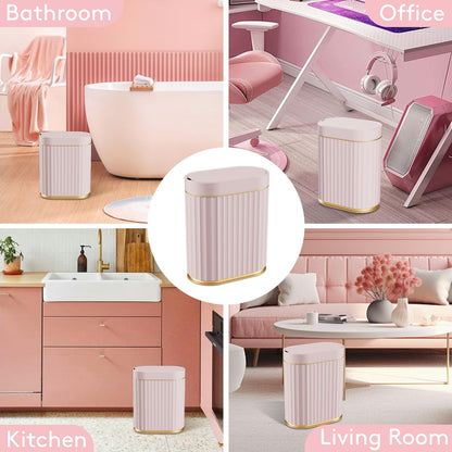 ELPHECO Mini Desktop Trash Can with Lid, Small Slim Automatic Garbage Can, 1.3 Gallon Motion Sensor Countertop Waste Basket for Bedroom, Office, Bathroom, White with Grey Trim