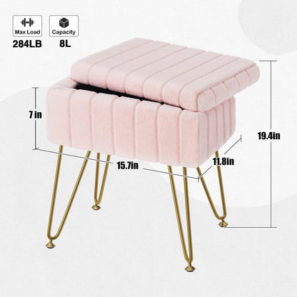 Greenstell Vanity Stool Chair Faux Fur with Storage, 19.4&quot; H x 15.7&quot; L x 11.8&quot; W Soft Ottoman 4 Metal Legs with Anti-Slip Feet, Furry Padded Seat, Modern Multifunctional Chairs for Makeup, Bedroom