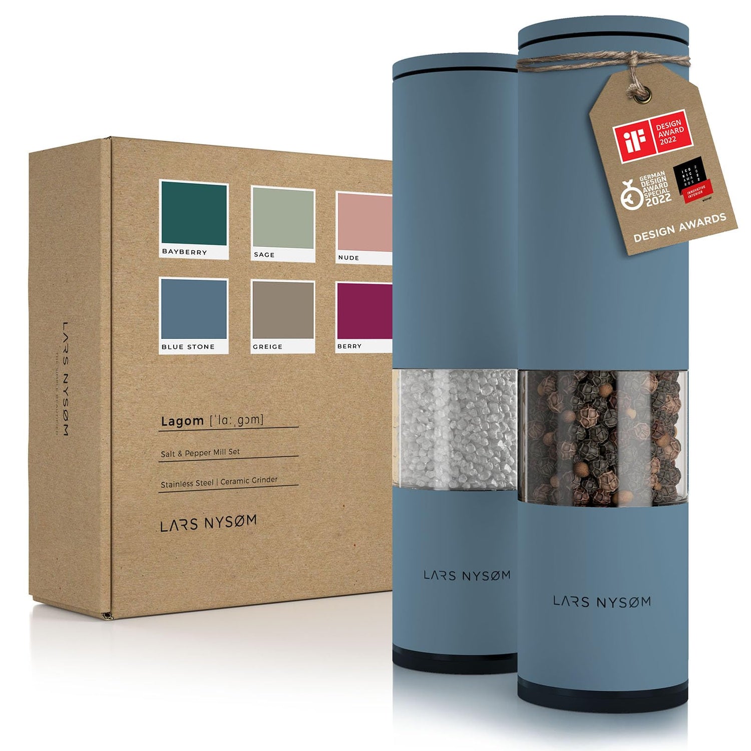 LARS NYSØM Salt and Pepper Mills Set Stainless Steel with Adjustable Ceramic Grinder 2 Pieces I Design Spice Mills Set Manual (Brown/Beige)