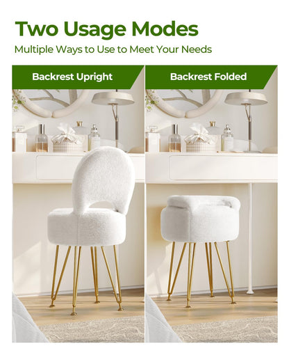 Greenstell Vanity Stool with Foldable Back, Vanity Chair with Storage, 13&quot; Dx 27.7&quot; H Faux Fur Soft Ottoman, 4 Metal Legs with Anti-Slip Feet, Small Furry Padded Seat for Makeup, Bedroom, White