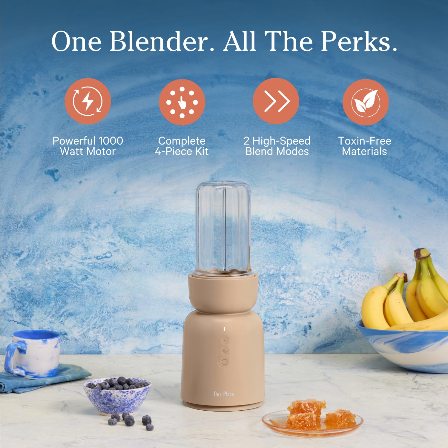Our Place Splendor Blender - 1000W High-Power | Ultra-Sharp Blades | 2 Blending Modes | Includes 25 oz Personal Cup and Drinking Lid Set | Smoothies, Shakes &amp; More | Blue Salt