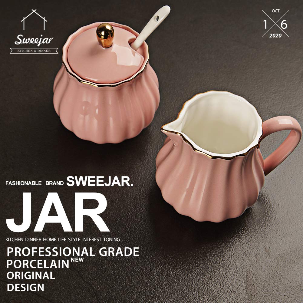 Sweejar Royal Ceramic Sugar and Creamer Set with Lid, 28 oz Teapot with Removable Stainless Steel Infuser,Blooming &amp; Loose Leaf Teapot offee Serving Set Wedding Gift(Pink)