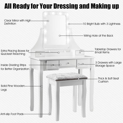 DORTALA Vanity Table Set with 360° Mirror &amp; Cushioned Stool, Makeup Table with 10 LED Dimmable Bulbs, Bedroom Wood Dressing Table with 5 Drawers and Removable Box Organizer, Gift for Females (White)