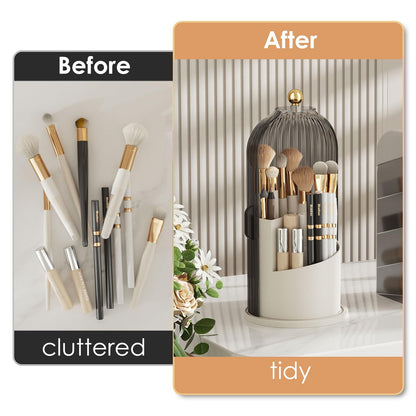 Makeup Brush Holder Organizer with Lid,360 Rotating Clear Dustproof Makeup Brushes Organizer for Vanity Desktop Bathroom Countertop (Transparent)