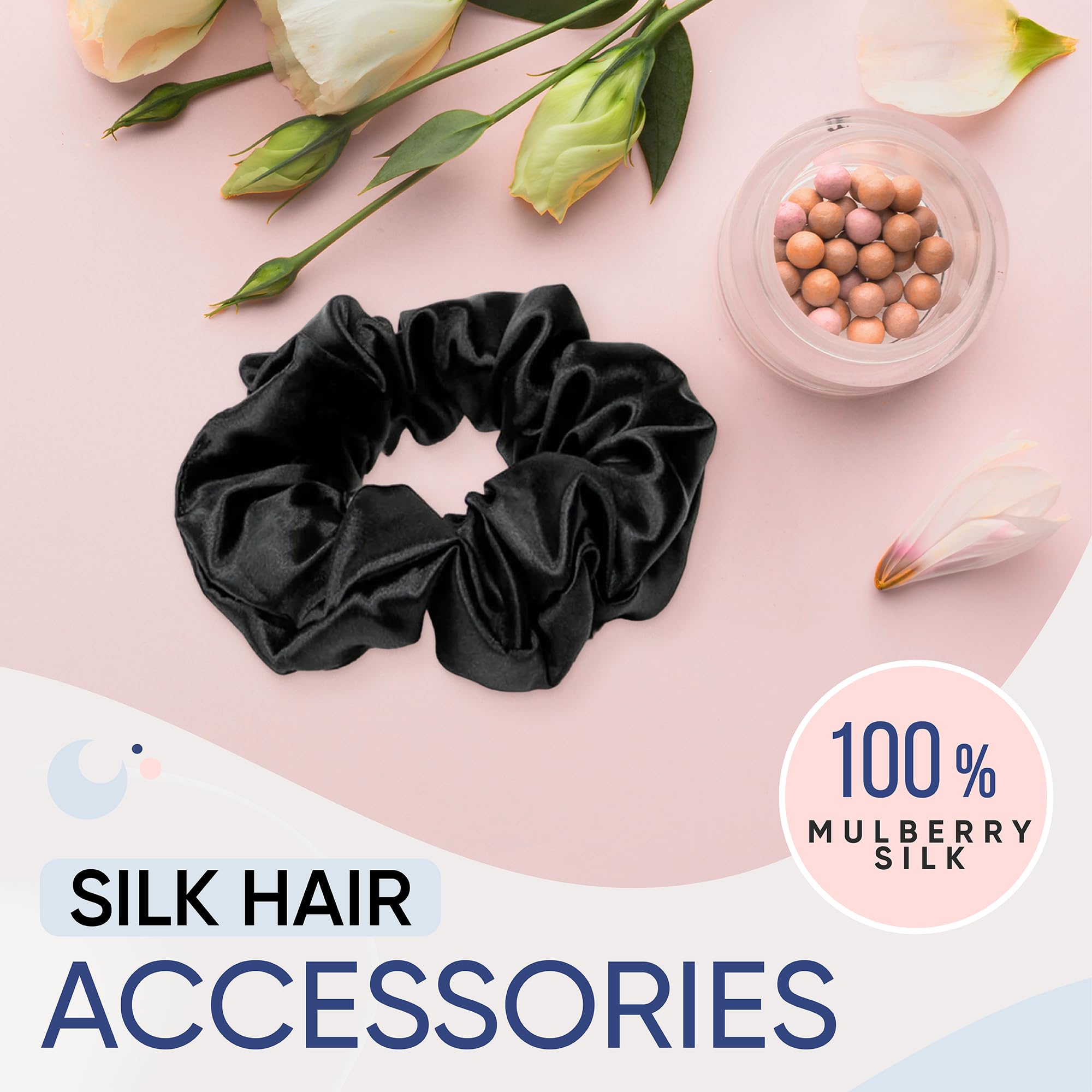 Blissy Silk Scrunchies (3 Pack) - 100% Pure Mulberry Silk - 22 Momme 6A High-Grade Fibers - Silk Scrunchie for Straight &amp; Curly Hair - Preventing Breakage, Tangling, &amp; Creasing (Black Skinny)