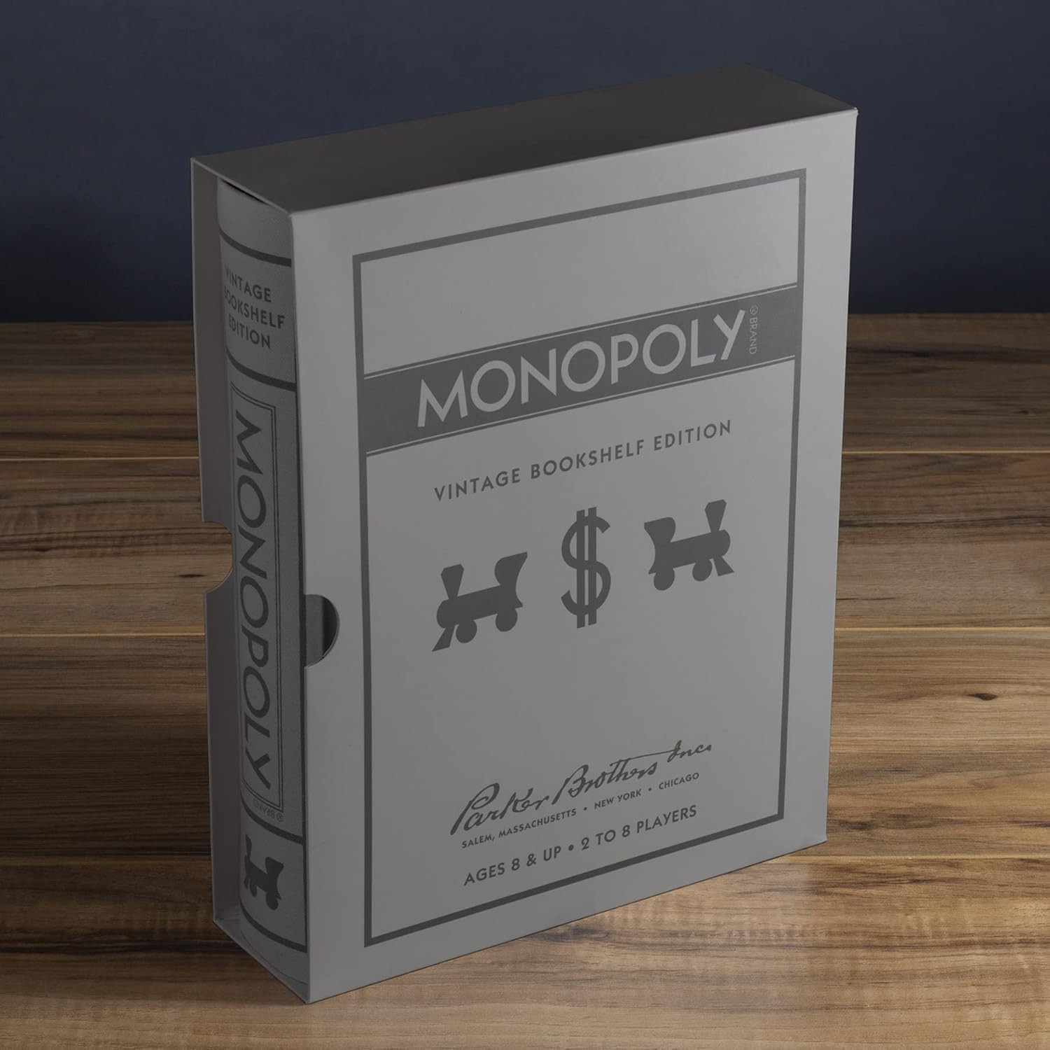 WS Game Company Scrabble, Monopoly, Clue, and Yahtzee Vintage Board Game Bookshelf Collection