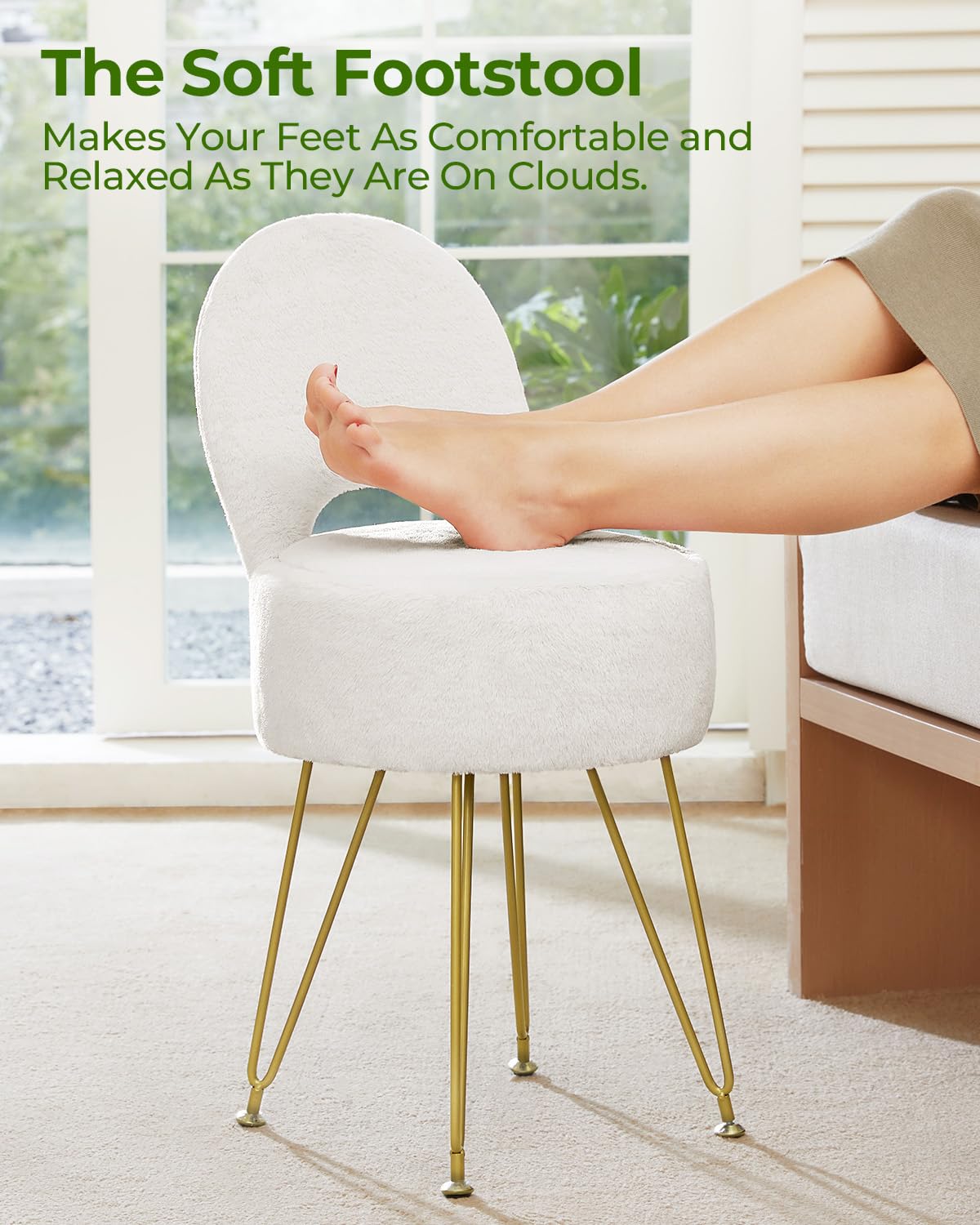 Greenstell Vanity Stool with Foldable Back, Vanity Chair with Storage, 13&quot; Dx 27.7&quot; H Faux Fur Soft Ottoman, 4 Metal Legs with Anti-Slip Feet, Small Furry Padded Seat for Makeup, Bedroom, White
