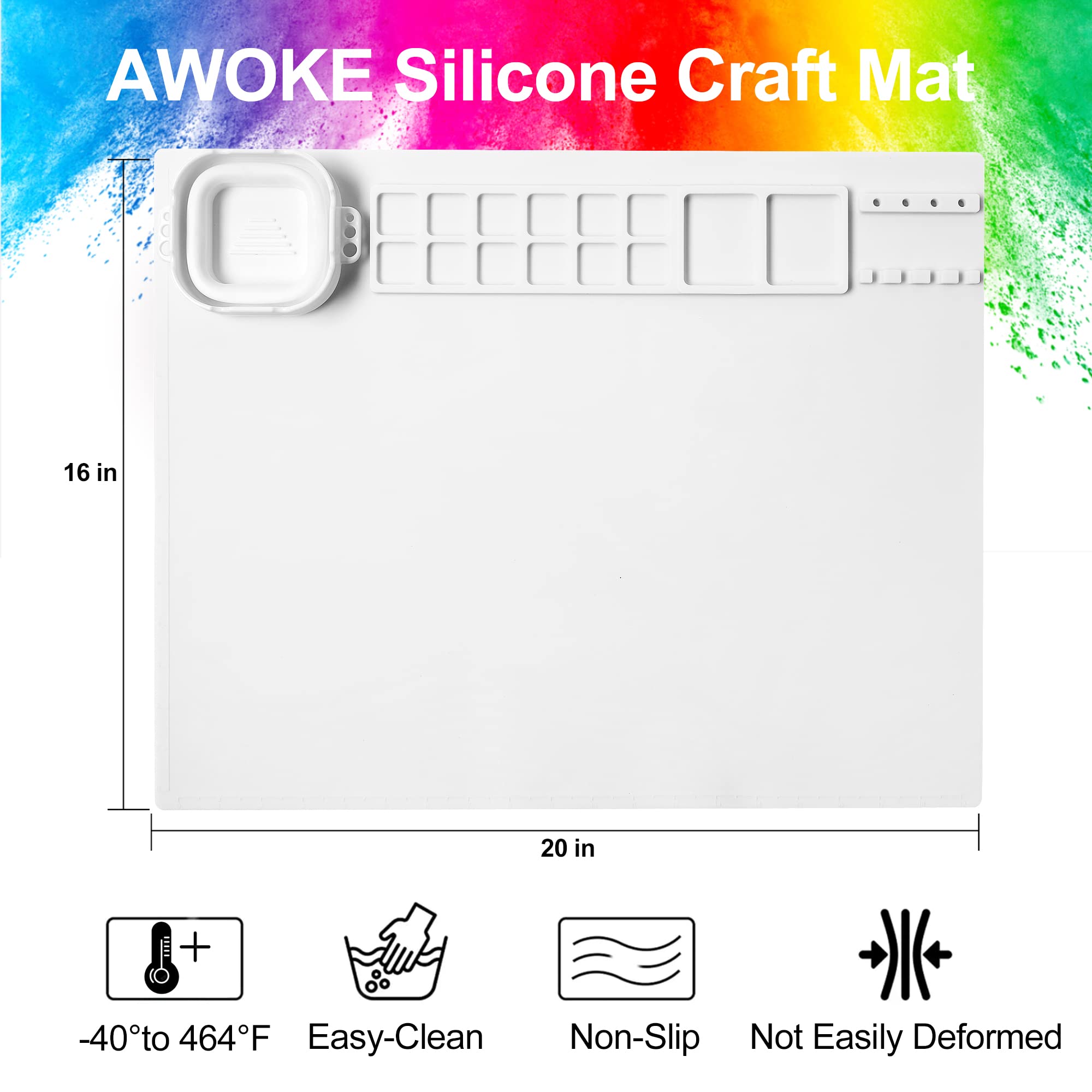 AWOKE Silicone Painting Mat - 20&quot;X16&quot; Silicone Art Mat with 1 Water Cup for Kids - Silcone Craft Mat has12 Color Dividers - 2 Paint Dividers (White)