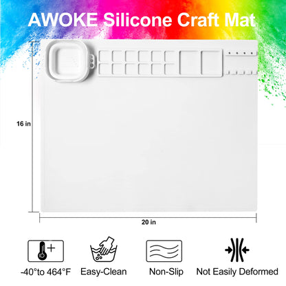 AWOKE Silicone Painting Mat - 20&quot;X16&quot; Silicone Art Mat with 1 Water Cup for Kids - Silcone Craft Mat has12 Color Dividers - 2 Paint Dividers (White)