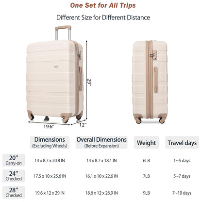 Merax 3 Pcs ABS Hardside Luggage Sets TSA Lock Spinner Wheel Suitcases, Pearly White, 20/24/28 Inch