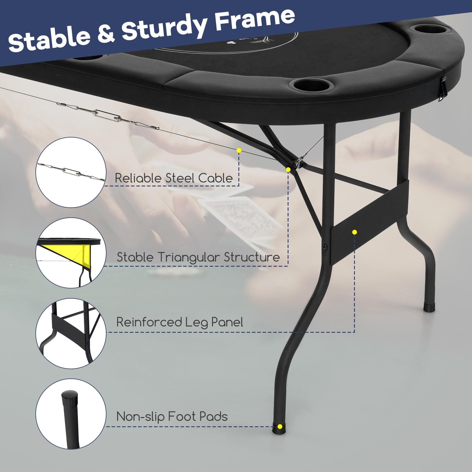 GYMAX Poker Table Foldable, 8-Player Texas Holdem Poker Table with Metal Cup Holders, Casino Grade Felt &amp; Padded Rails, Portable Folding Poker Table for Leisure Game, Homes, Game Rooms (Black)