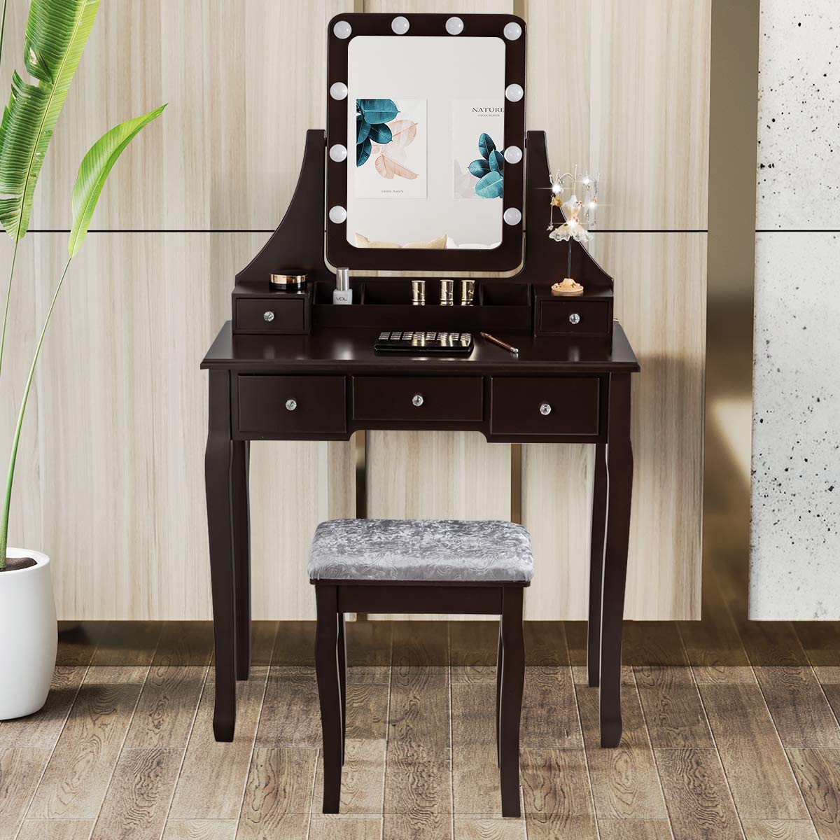 DORTALA Vanity Table Set with 360° Mirror &amp; Cushioned Stool, Makeup Table with 10 LED Dimmable Bulbs, Bedroom Wood Dressing Table with 5 Drawers and Removable Box Organizer, Gift for Females (White)