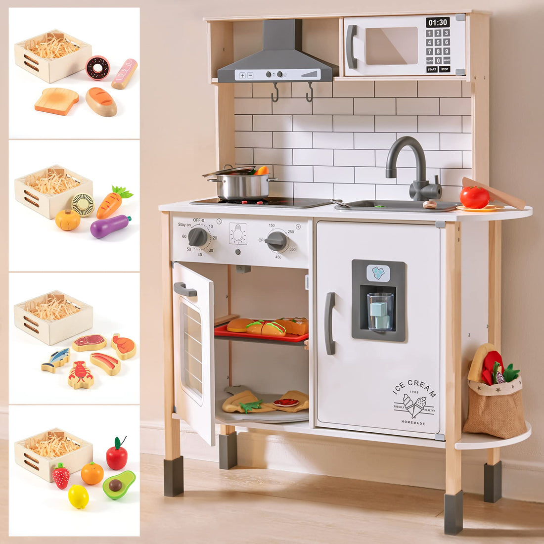 Play Kitchen for Kids with 18 Pcs Toy Food &amp; Cookware Accessories Bundle with 43 Pcs Kids Wooden Play Food