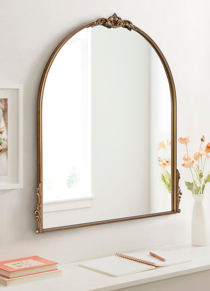 Kate and Laurel Myrcelle Traditional Arched Mirror, 25 x 33, Gold, Decorative Large Arch Mirror with Ornate Garland Detailing Along The Crown and Edges of The Frame