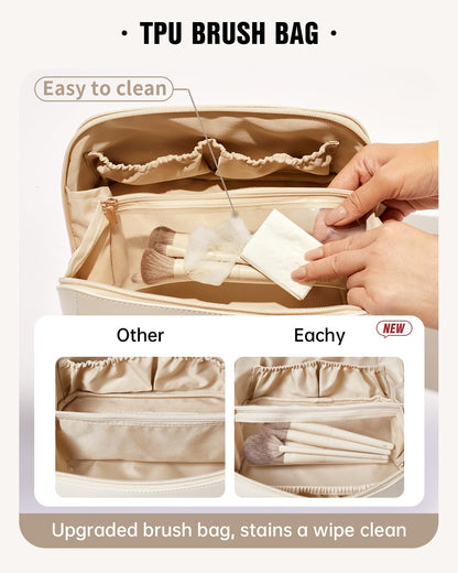 EACHY Travel Makeup Bag,Large Capacity Cosmetic Bags for Women,Waterproof Portable Pouch Open Flat Toiletry Bag Make up Organizer with Divider and Handle