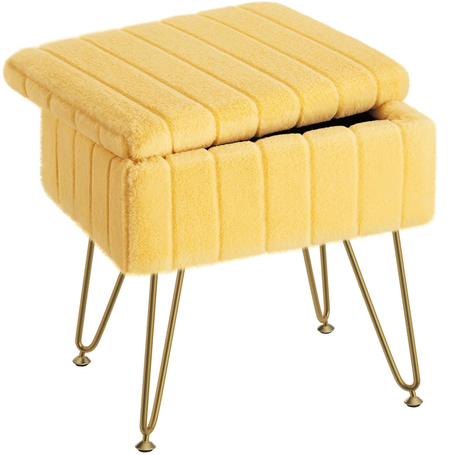 Greenstell Vanity Stool Chair Faux Fur with Storage, 19.4&quot; H x 15.7&quot; L x 11.8&quot; W Soft Ottoman 4 Metal Legs with Anti-Slip Feet, Furry Padded Seat, Modern Multifunctional Chairs for Makeup, Bedroom