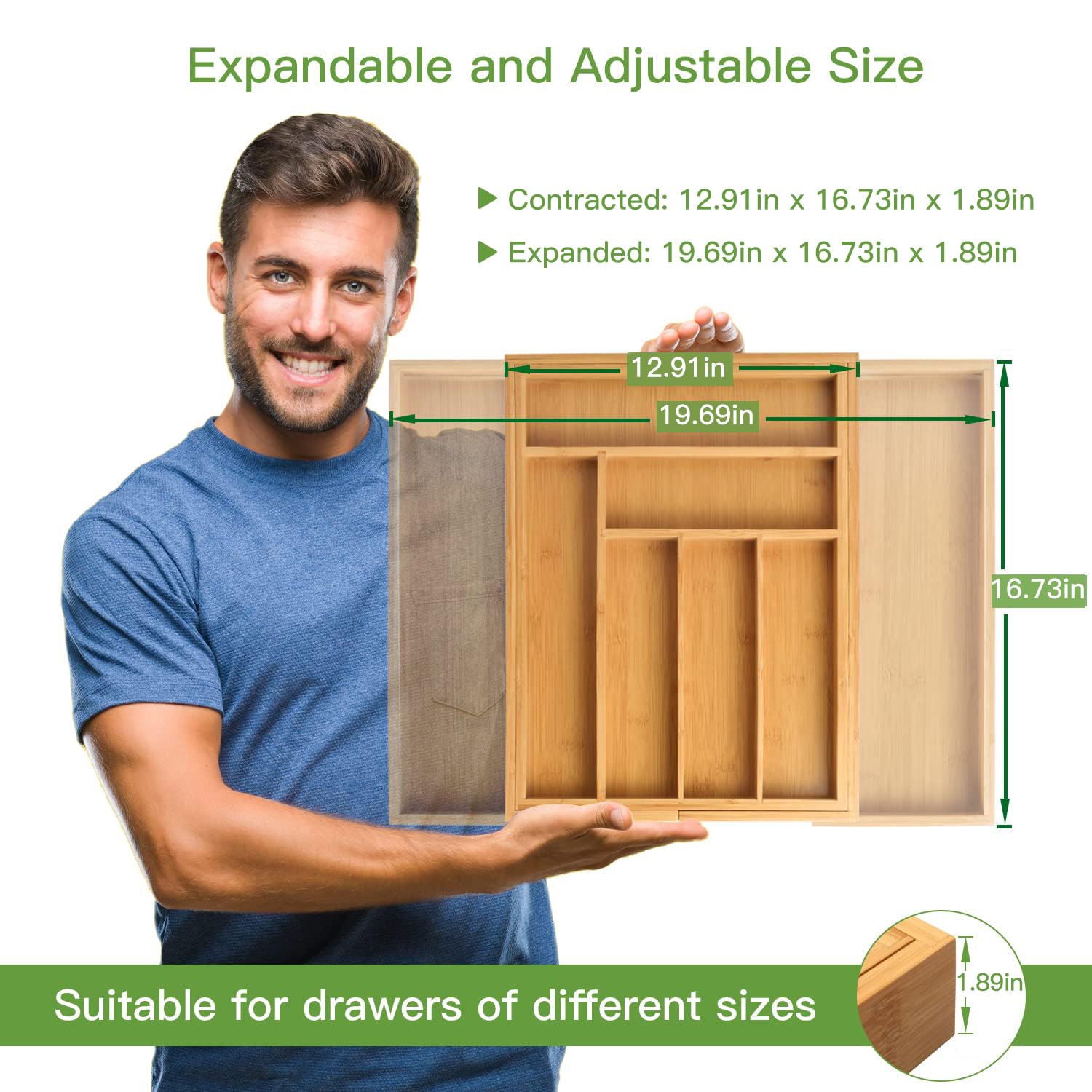 Bamboo Expandable Drawer Organizer for Utensils Holder, Adjustable Cutlery Tray, Wood Drawer Dividers Organizer for Silverware, Flatware, Knives in Kitchen, Bedroom, Living Room by Pipishell