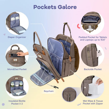 RUVALINO Diaper Bag Backpack, Multifunction Travel Pack Maternity Baby Changing Bags, Large Capacity, Waterproof, Beige