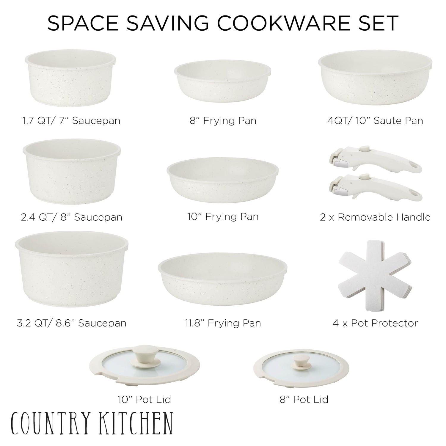 Country Kitchen Cookware Set with Removable Handle, Oven &amp; RV Safe Pots and Pans Set, Cream, Deluxe Larger Set