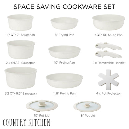 Country Kitchen Cookware Set with Removable Handle, Oven &amp; RV Safe Pots and Pans Set, Cream, Deluxe Larger Set