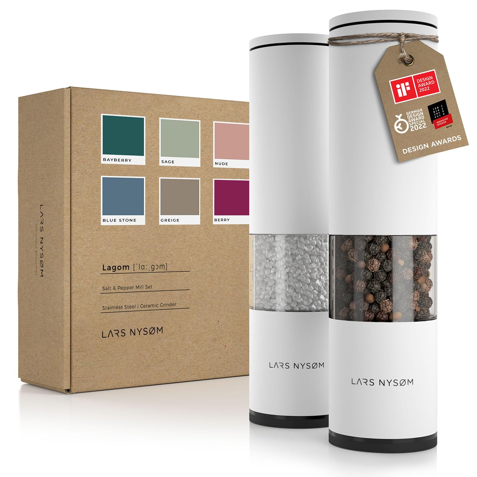 LARS NYSØM Salt and Pepper Mills Set Stainless Steel with Adjustable Ceramic Grinder 2 Pieces I Design Spice Mills Set Manual (Brown/Beige)