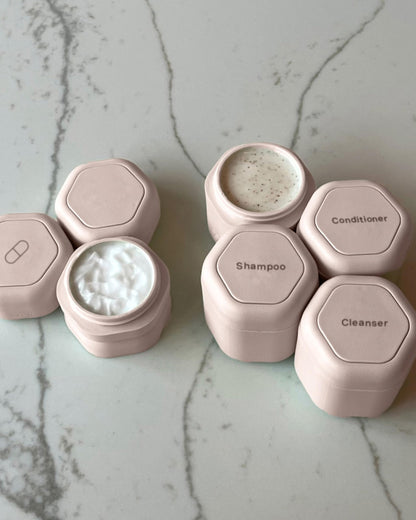 Cadence Travel Containers - Daily Routine Capsule Set - Magnetic Travel Capsules - For Shampoo, Conditioner, Body Wash, Pills, and More - 4 Flex Mediums (1.32oz) &amp; 3 Flex Smalls (0.56oz) - Sand