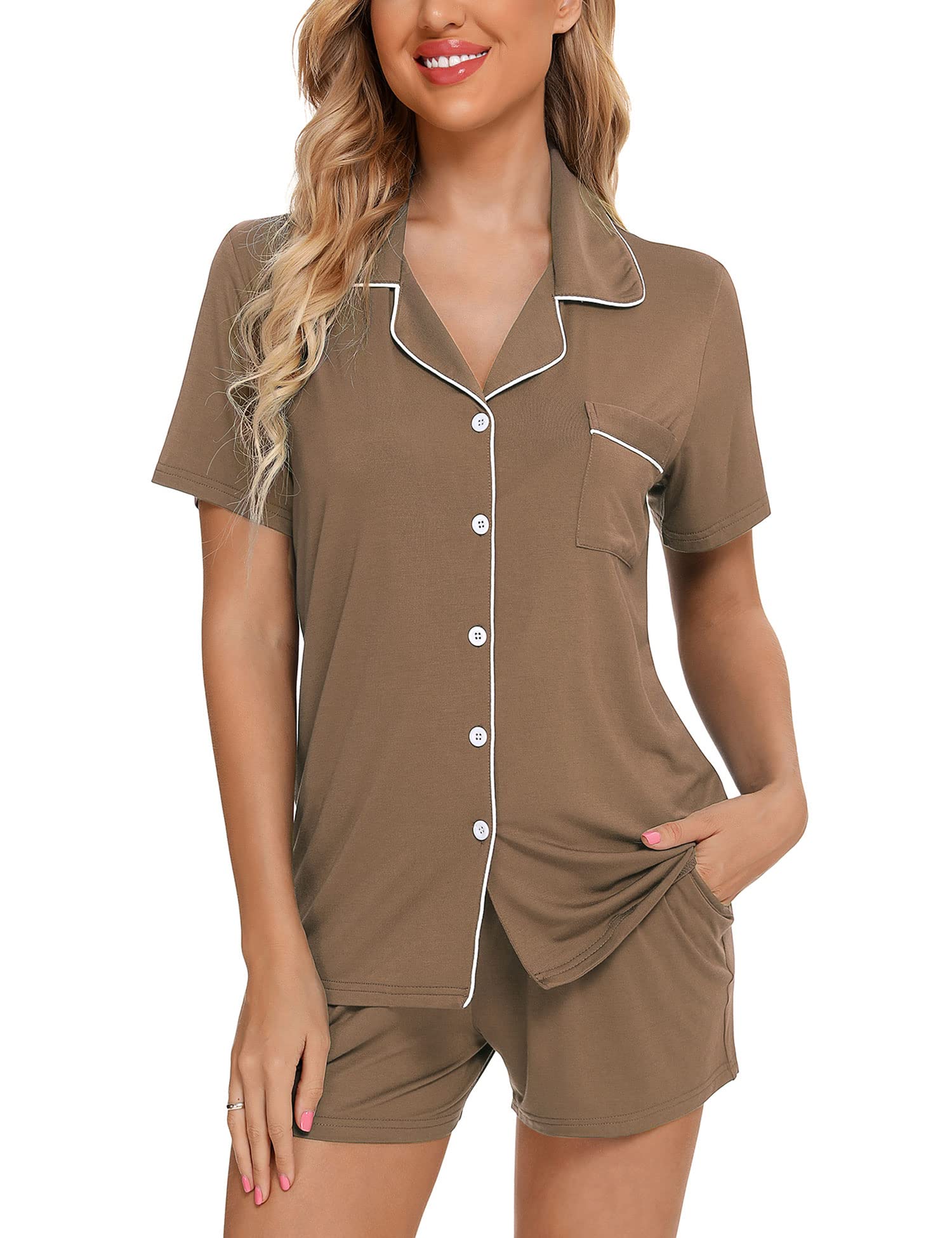 Senert Pajamas Set For Women Short Sleeve Sleepwear Soft Button Down Pjs Set Nightwear Lounge Sets S-XXL