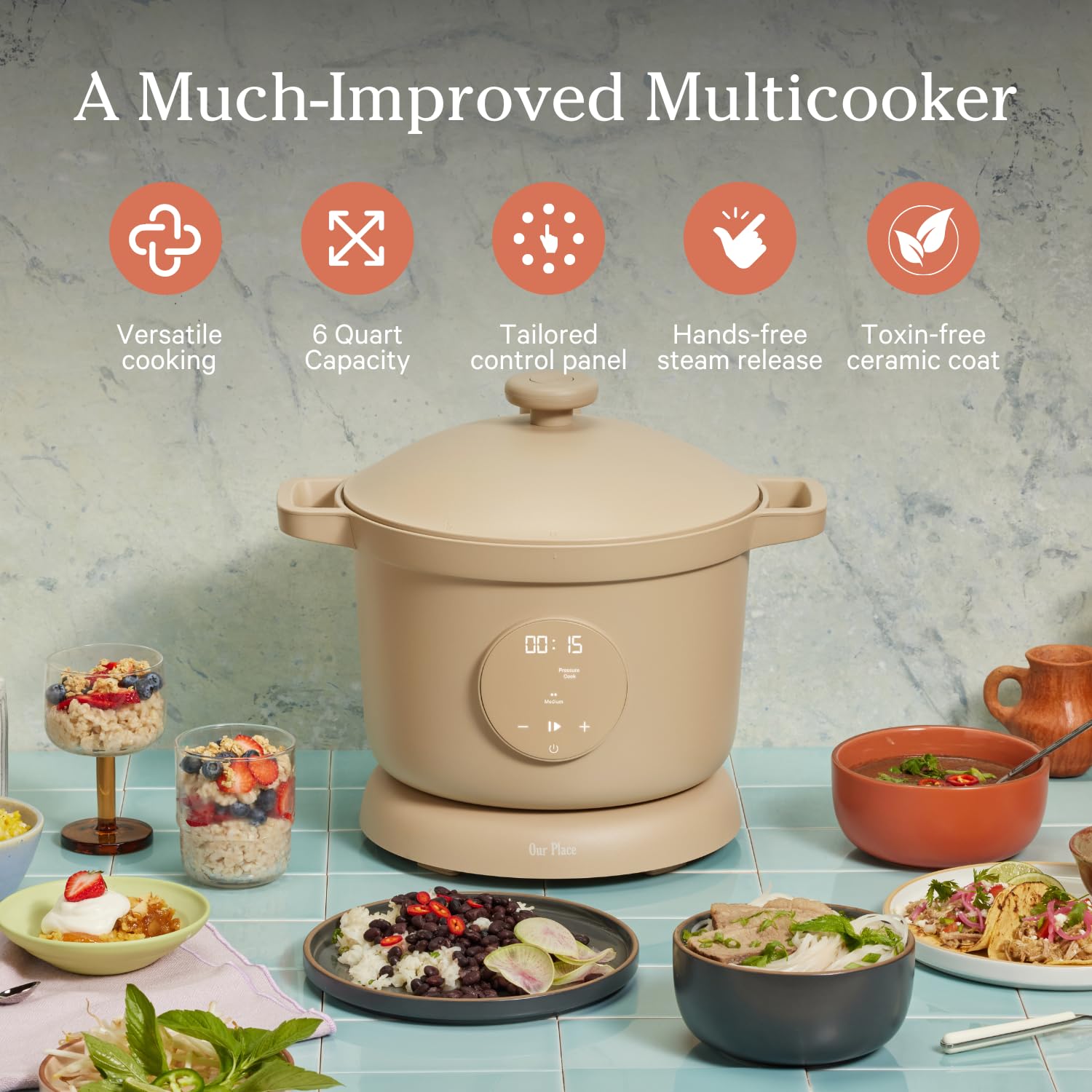 Our Place Dream Cooker | 6-quart Multicooker | 4 Versatile Modes | Pressure Cook, Slow Cook, Sear &amp; Saute, Keep Warm | Hands-Free Steam Release | Tailored Control Panel | Steam