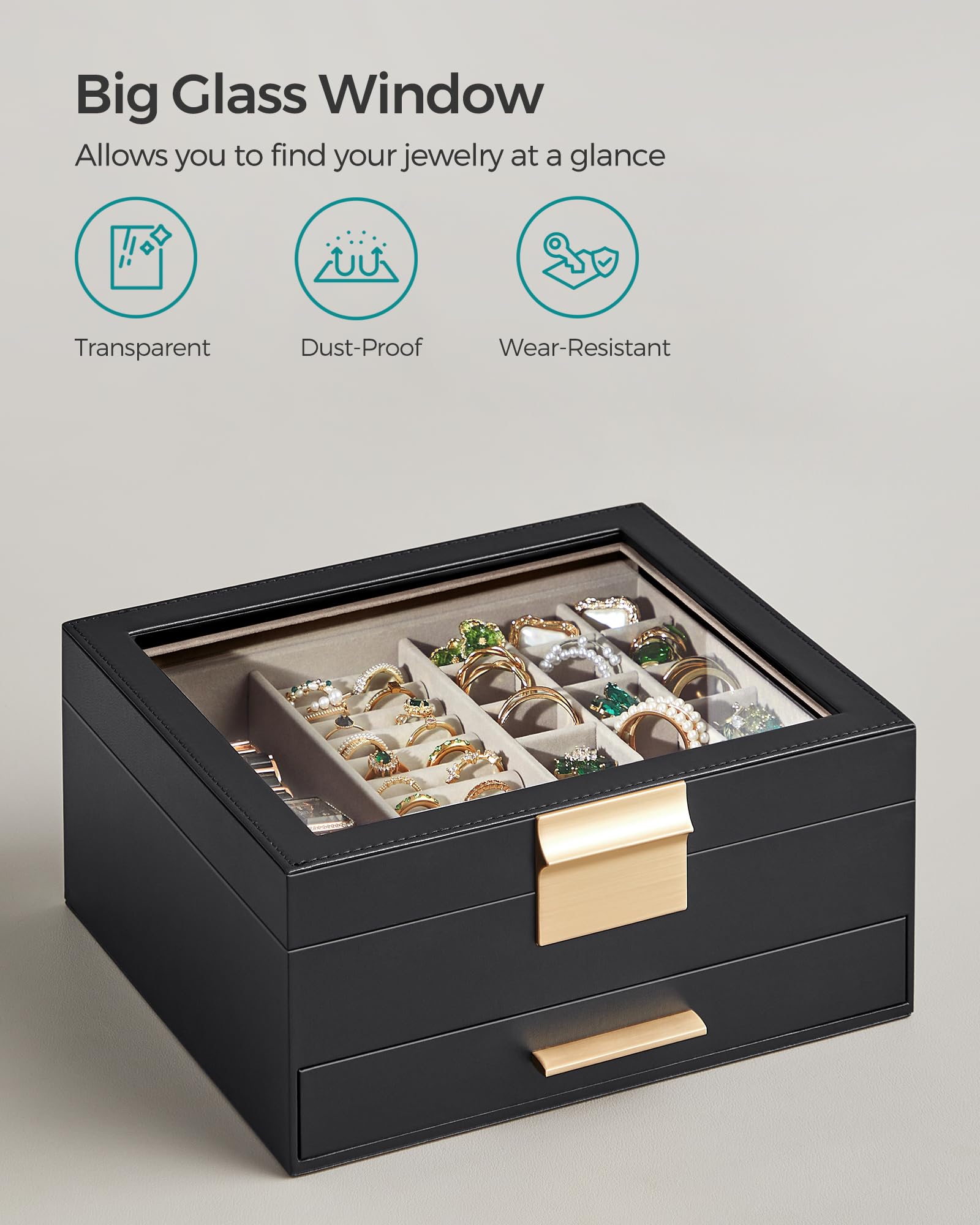 SONGMICS Jewelry Box with Glass Lid, 3-Layer Jewelry Organizer, 2 Drawers, for Big and Small Jewelry, Jewelry Storage, Modern Style, 8 x 9.1 x 5.3 Inches, Cloud White and Gold Color UJBC239WT