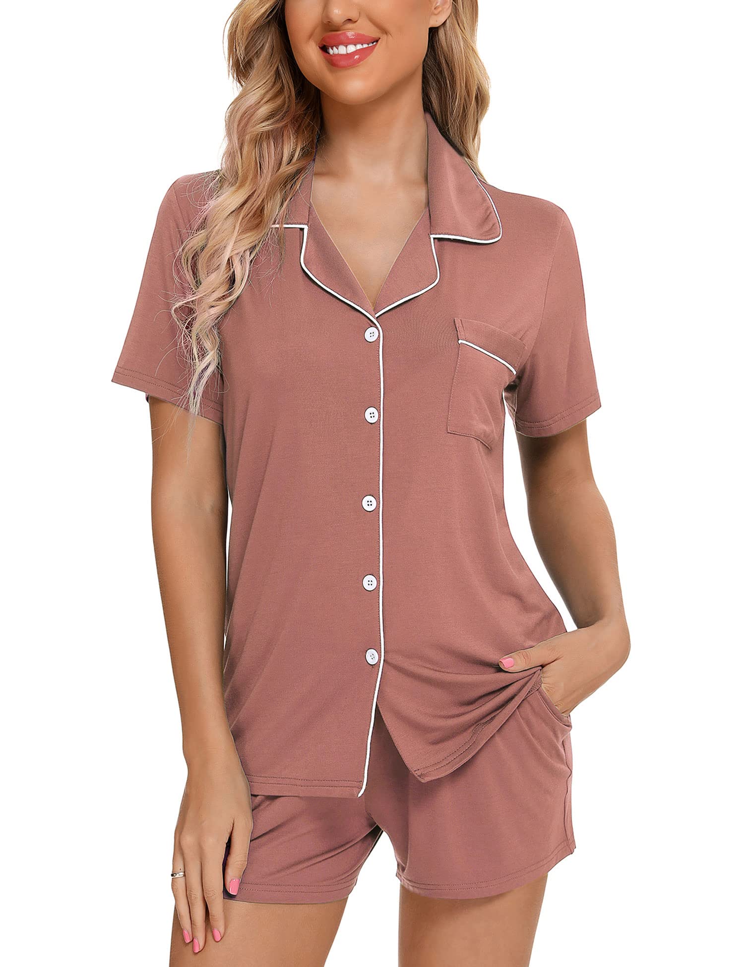 Senert Pajamas Set For Women Short Sleeve Sleepwear Soft Button Down Pjs Set Nightwear Lounge Sets S-XXL