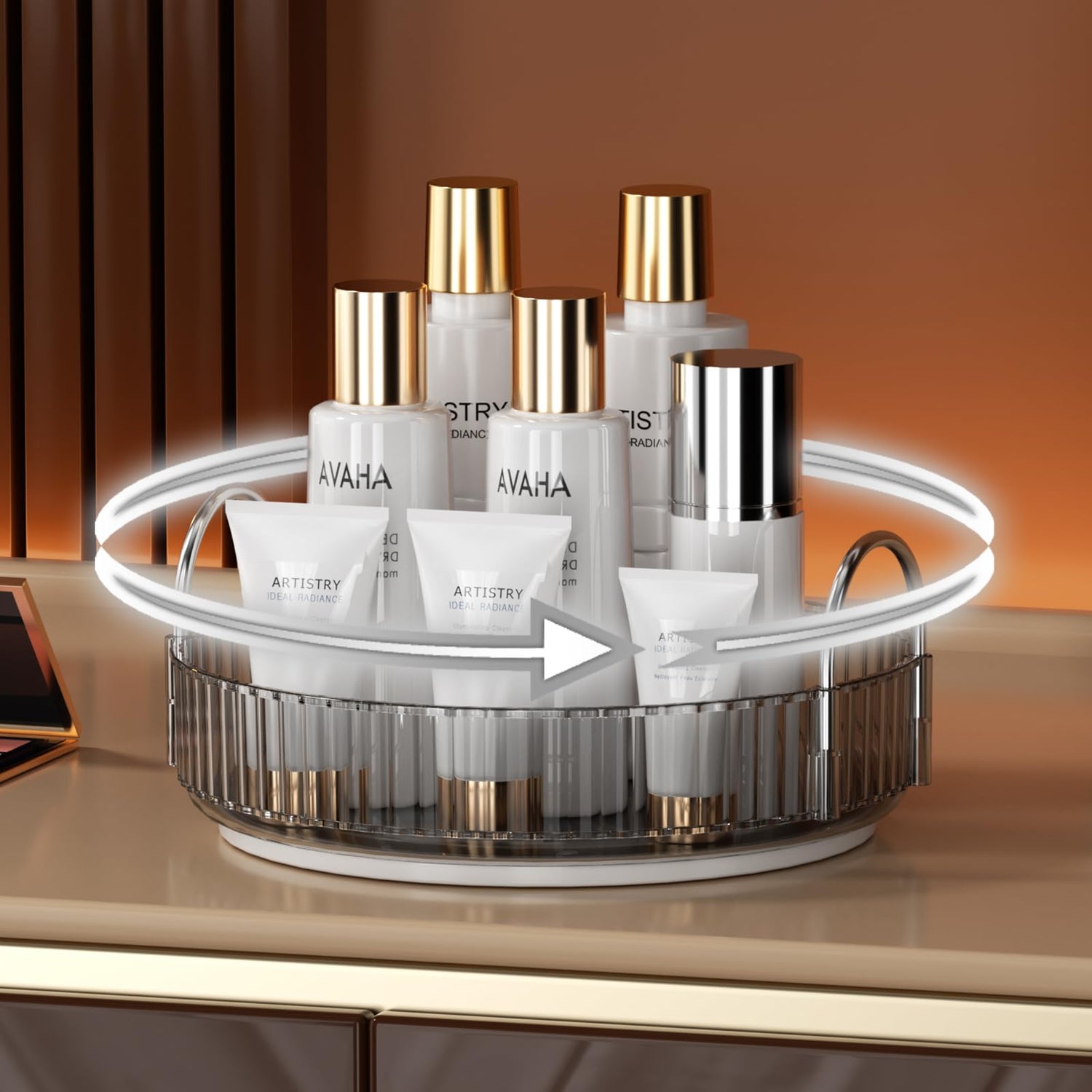 YCIA&amp;DONE 360 Rotating Makeup Organizer and Storage for Vanity Bathroom Countertop, High Capacity Cosmetic Skincare Perfume Organizer for Dresser Lazy Susan Organizers(Clear White,2 Tiers)