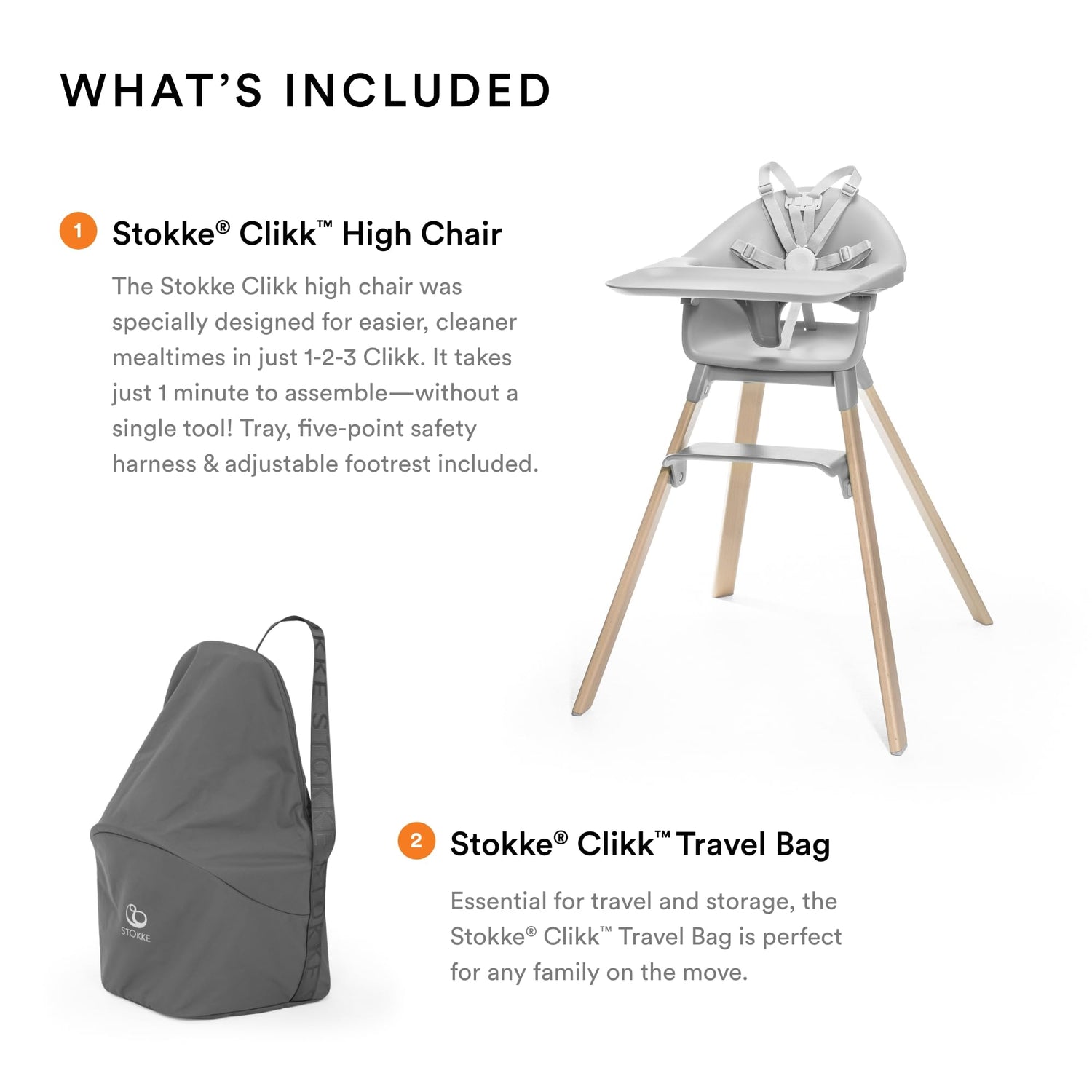 Stokke Clikk High Chair, Fjord Blue - All-In-One High Chair with Tray + Harness - Light, Durable &amp; Travel Friendly - Ergonomic with Adjustable Features - Best for 6-36 Months or Up to 33 lbs