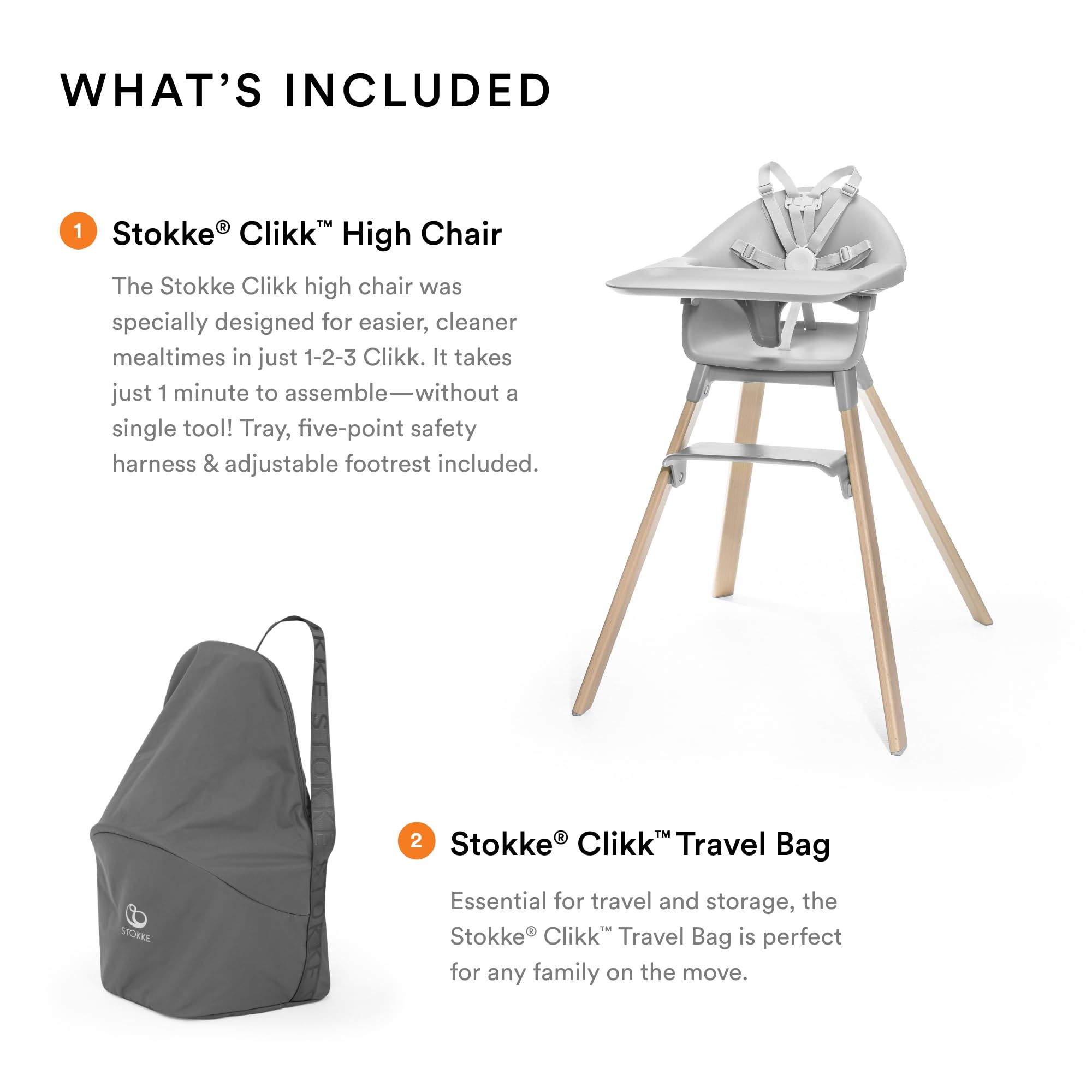 Stokke Clikk High Chair, Fjord Blue - All-In-One High Chair with Tray + Harness - Light, Durable &amp; Travel Friendly - Ergonomic with Adjustable Features - Best for 6-36 Months or Up to 33 lbs
