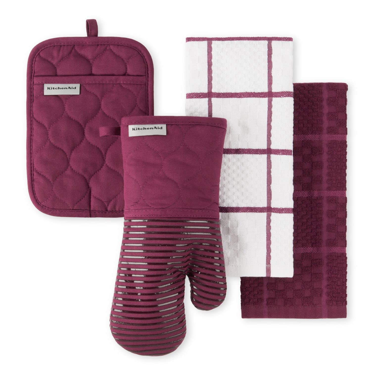KITCHENAID Quilted Cotton Terry Cloth Oven Mitt, Pot Holder, Kitchen Towel 4-Pack Set, Heat Resistant, Silicone Grip, Gift Set, Milkshake, 16&quot;x26&quot;, 7&quot;x13&quot; &amp; 7&quot;x10&quot;