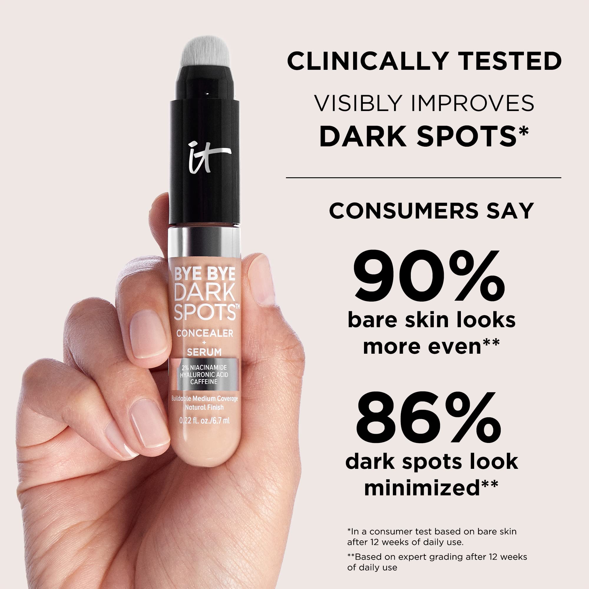 IT Cosmetics Bye Bye Dark Spots Concealer + Brightening Serum – 2% Niacinamide, Hyaluronic Acid &amp; Caffeine - Medium Coverage, Natural Finish, All Skin Types - 0.22 fl oz