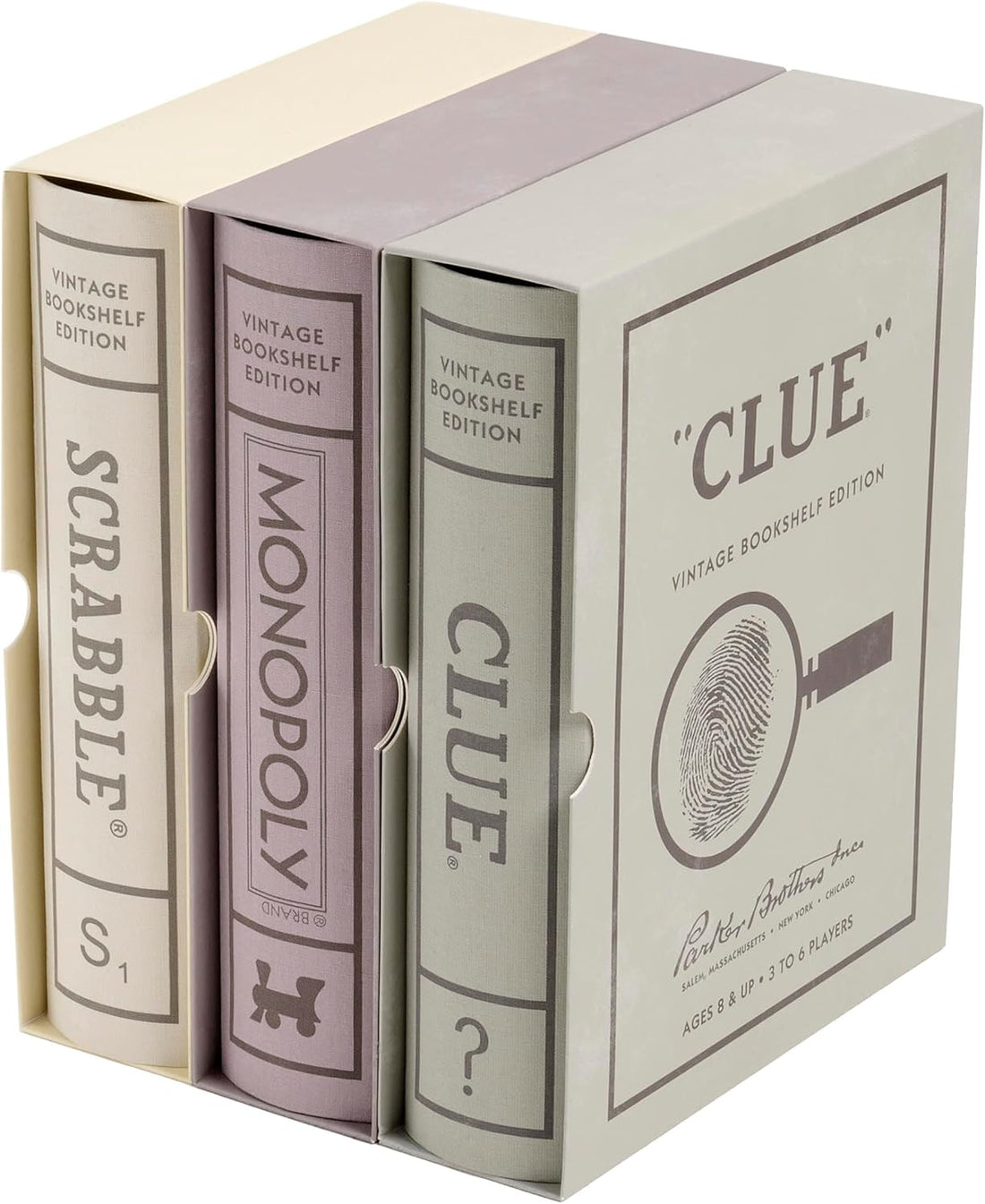 Scrabble, Monopoly, and Clue Vintage Board Game Bookshelf Collection