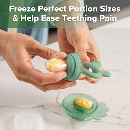 Haakaa Baby Fruit Food Feeder &amp; Mini Freezer Nibble Tray Combo, Breastmilk Popsicle Molds for Cooling Relief, BPA Free Silicone Feeder for Safe Infant Self Feeding, 4 Month+ (Pea Green)