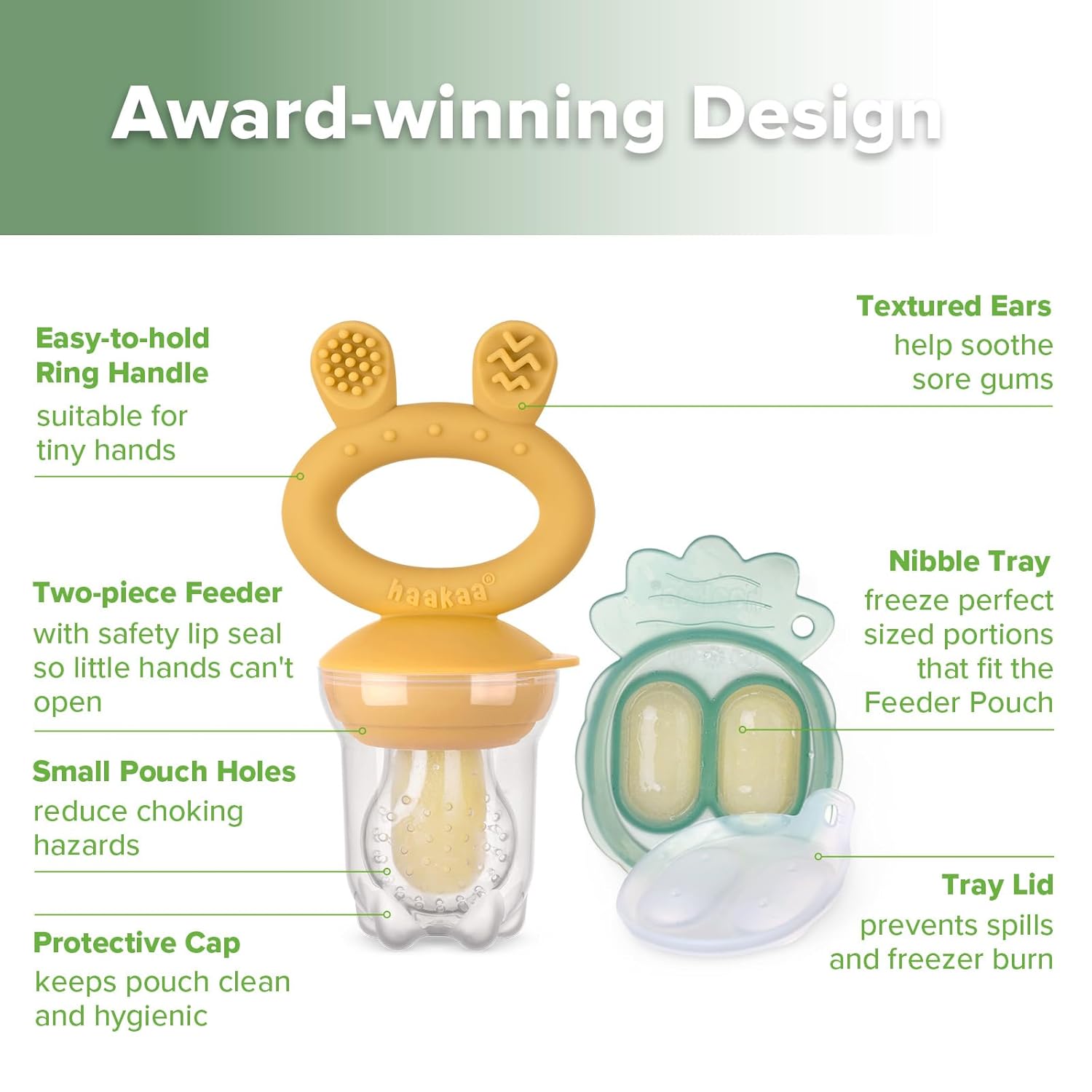 Haakaa Baby Fruit Food Feeder &amp; Mini Freezer Nibble Tray Combo, Breastmilk Popsicle Molds for Cooling Relief, BPA Free Silicone Feeder for Safe Infant Self Feeding, 4 Month+ (Pea Green)