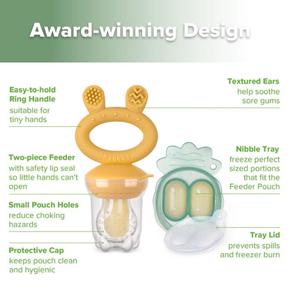 Haakaa Baby Fruit Food Feeder &amp; Mini Freezer Nibble Tray Combo, Breastmilk Popsicle Molds for Cooling Relief, BPA Free Silicone Feeder for Safe Infant Self Feeding, 4 Month+ (Pea Green)