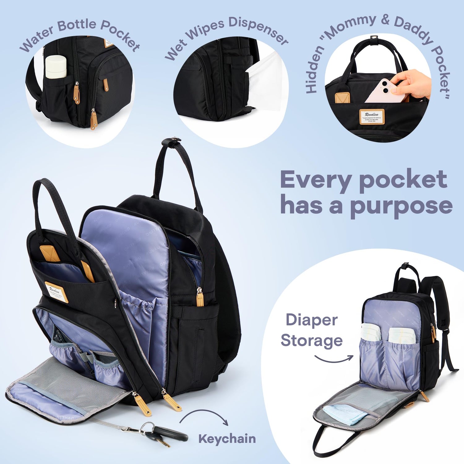 RUVALINO Diaper Bag Backpack, Multifunction Travel Pack Maternity Baby Changing Bags, Large Capacity, Waterproof, Beige