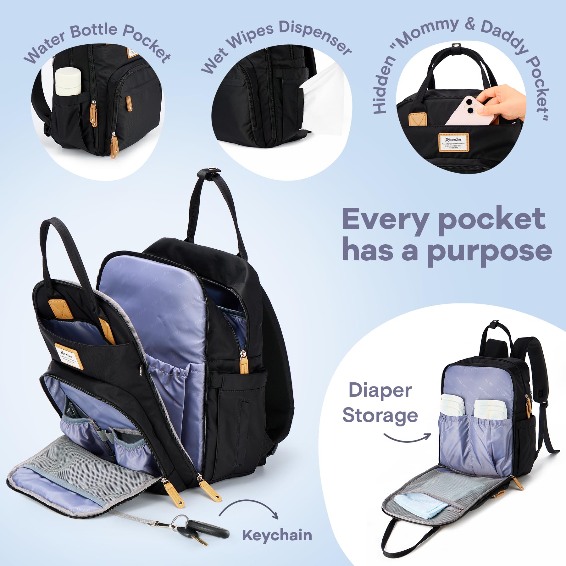 RUVALINO Diaper Bag Backpack, Multifunction Travel Pack Maternity Baby Changing Bags, Large Capacity, Waterproof, Beige