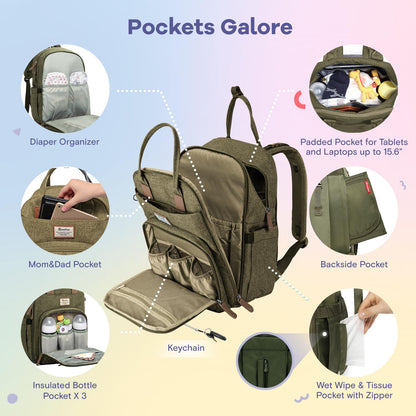 RUVALINO Diaper Bag Backpack, Multifunction Travel Pack Maternity Baby Changing Bags, Large Capacity, Waterproof, Beige