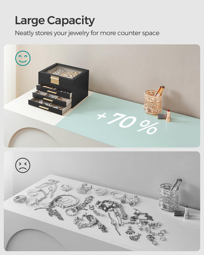 SONGMICS Jewelry Box with Glass Lid, 3-Layer Jewelry Organizer, 2 Drawers, for Big and Small Jewelry, Jewelry Storage, Modern Style, 8 x 9.1 x 5.3 Inches, Cloud White and Gold Color UJBC239WT