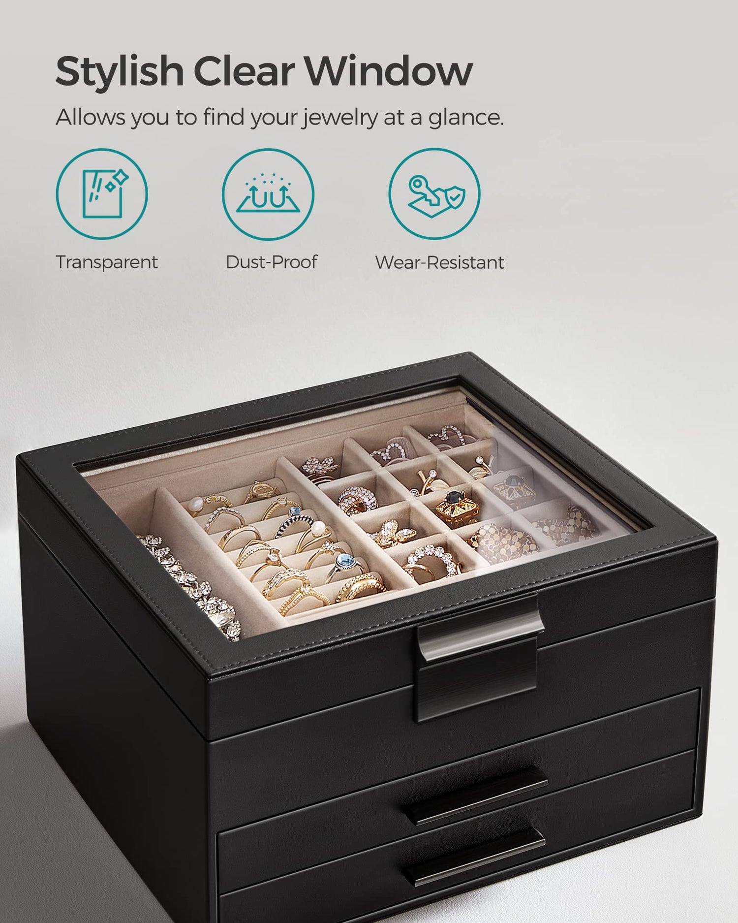 SONGMICS Jewelry Box with Glass Lid, 3-Layer Jewelry Organizer, 2 Drawers, for Big and Small Jewelry, Jewelry Storage, Modern Style, 8 x 9.1 x 5.3 Inches, Cloud White and Gold Color UJBC239WT