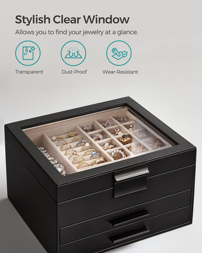 SONGMICS Jewelry Box with Glass Lid, 3-Layer Jewelry Organizer, 2 Drawers, for Big and Small Jewelry, Jewelry Storage, Modern Style, 8 x 9.1 x 5.3 Inches, Cloud White and Gold Color UJBC239WT