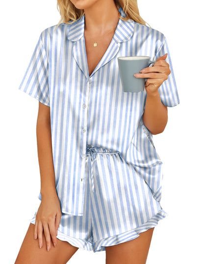 HOTOUCH Womens Satin Pajamas Set Button Down 2 Piece Silk Pjs Shorts Set Ruffle Lingerie Notch Collar Sleepwear