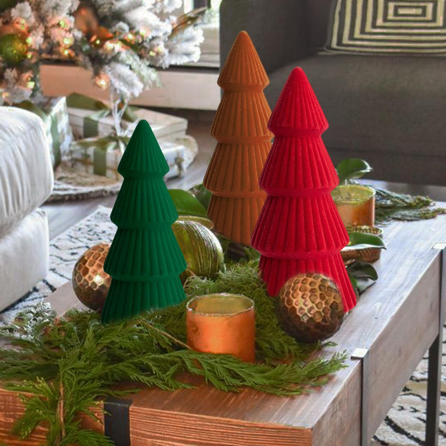 Christmas Decorations Indoor- 3 Pcs Velvet Christmas Tree,Modern Cone Ceramics Christmas Decor Tabletop Winter Home Minimalist for Holiday Entryway Table Mantel Centerpiece(Green)